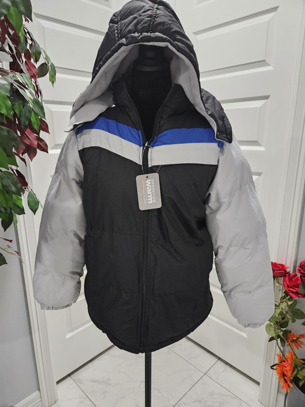 Ocean Fashion Black, Gray & Blue Hooded Kids Puffer Coat